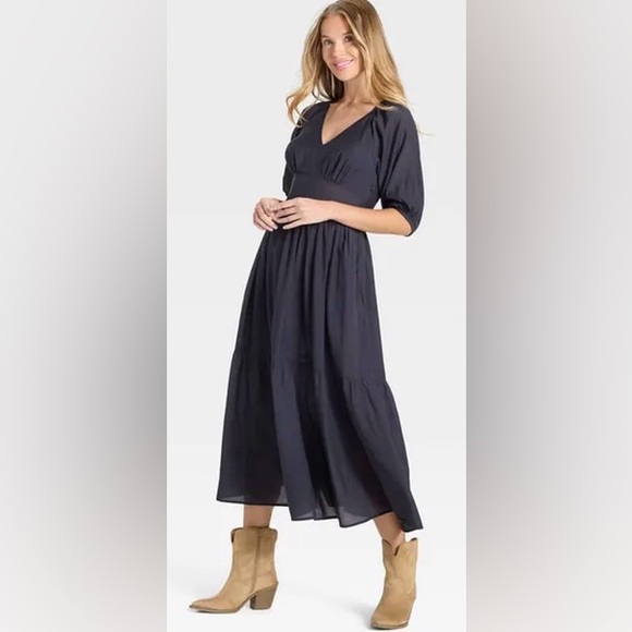 NWOT Puff Sleeve Lightweight Cottagecore A-Line Maxi Dress Navy Universal Thread - Picture 4 of 11